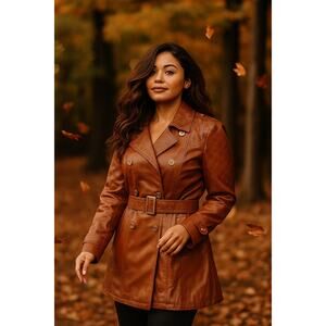 Iman Cognac Genuine Leather Trench Coat Belted Women's Large Brown Jacket